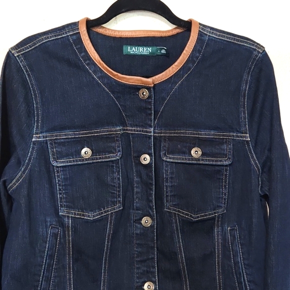 Ralph Lauren Dark Blue Denim Jacket Leather Trim Collar Large - Picture 5 of 13